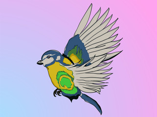Obraz premium Illustrated parrot in cartoon style captured during flight on background with blue and pink gradient. Flying illustrated cartoon bird.