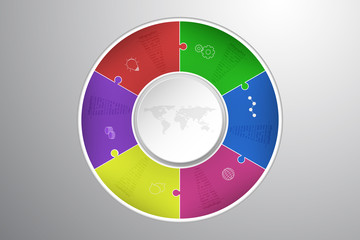Modern six steps rounded infographics with puzzle shapes. Modern 6 steps circular infographic with outline icons in jigsaw shape. Modern business diagram with dotted world map representing process.
