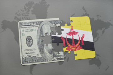 puzzle with the national flag of brunei and dollar banknote on a world map background.