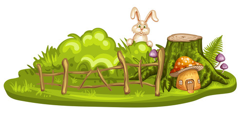 Green glade with house for gnome made from mushroom