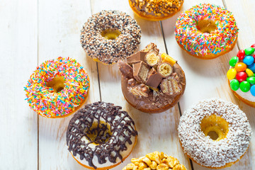Donut. Sweet icing sugar food. Dessert colorful snack.