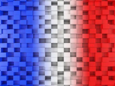 3d cubism abstract color square background. Surreal cubic tricolor background of squares of varying heights. Picture in French flag colors. Top view. High-resolution 3d illustration