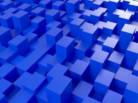 3d cubism abstract dark blue square background. Surreal blue cubic background of squares of varying heights. Perspective view. High-resolution 3d illustration