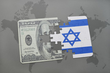 puzzle with the national flag of israel and dollar banknote on a world map background.