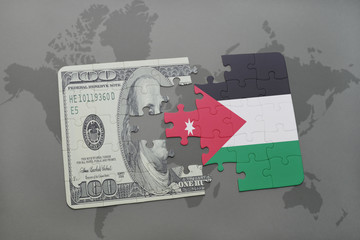 puzzle with the national flag of jordan and dollar banknote on a world map background.