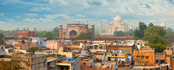 Panorama of Agra city, India. Taj Mahal in the background