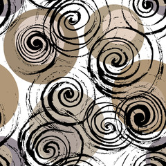 Swirl seamless pattern. Hand drawn black spirals on colorful circles, free layout. Sandy gray tones. Textile design. - 116710040