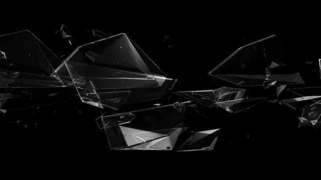 Seamless Abstract background animation of shatter glass or crystal materiel floating and flowing in pattern in black isolated background in 4k hd video loop