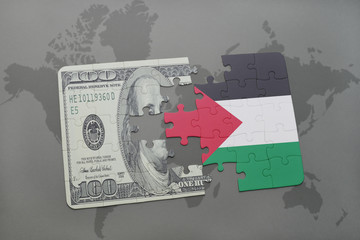 puzzle with the national flag of palestine and dollar banknote on a world map background.