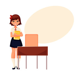 Smiling school girl standing at the desk and holding a book, cartoon style vector illustration isolated on white background. Pretty girl in school uniform and a text bubble