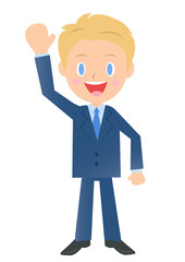 手を上げて挨拶するビジネスマン、男性会社員のイラスト素材、三頭身