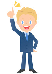 上を指差すビジネスマン、男性会社員のイラスト素材、三頭身