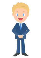 手を前に組むビジネスマン、男性会社員のイラスト素材、三頭身