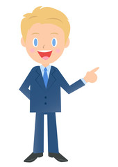 横を指差すビジネスマン、男性会社員のイラスト素材、三頭身