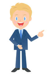 横を指差して説明するビジネスマン、男性会社員のイラスト素材、三頭身