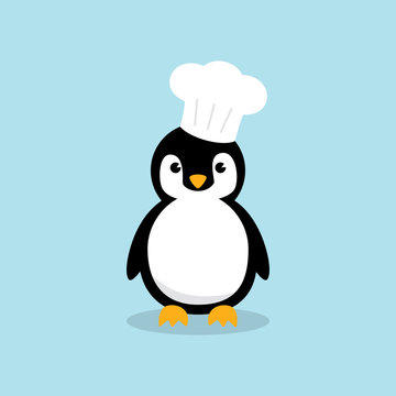 Cute Chef Penguin character with chef cooking hat isolated on sky blue background. Flat design vector illustration.