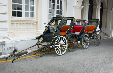Fototapeta na wymiar Classic, Hand Operated Rickshaws in Georgetown, Penang, Malaysia