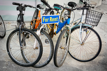 Fototapeta na wymiar Rental Bicycles on Display in Georgetown, Penang, Malaysia