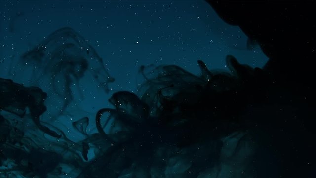Stars in a dark blue sky being covered by a strange thick black cloud, black smoke or invading pollutant gas