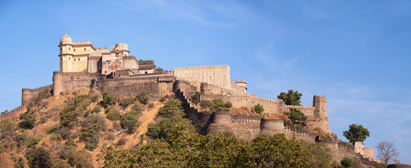 Domed tower and fortified wall of Kumbhalgarh Fortress near Udai