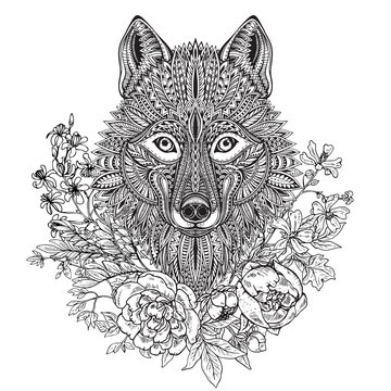 Hand drawn graphic ornate head of wolf with ethnic floral doodle