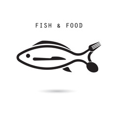 Fish,spoon,fork and knife icon.Fish & food logo design 