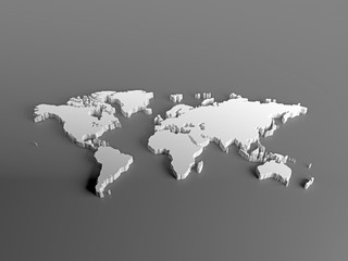 Real 3D White Silver World Map with terrain on gray background. Image for infographics, business, travel, tourism. Perspective view. 3d illustration