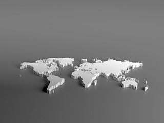 Real 3D White Silver World Map with terrain on gray background. Image for infographics, business, travel, tourism. Perspective view. 3d illustration