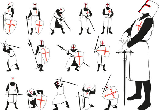 Medieval knight in armor and helmet in different defensive and offensive positions