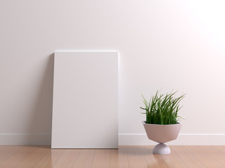 White poster canvas on wall with clean blank for design, advertising and other content picture. White interior with decorative vase with grass plant and reflective laminate flooring. 3d illustration