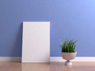 White poster canvas on blue wall with clean blank for design, advertising and other content picture. Blue interior with decorative vase with grass plant and reflective laminate floor. 3d illustration
