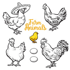 Set of different chickens, vector sketch hand-drawn illustration isolated on white background. three hens, rooster chick and different eggs. chicken sombrerro. bird family