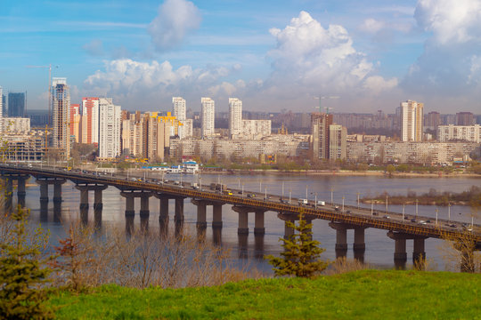 Long bridge with traffic in Kiev Ukraine