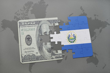 puzzle with the national flag of el salvador and dollar banknote on a world map background.