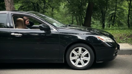 girls stopping on roadside, because car is broken