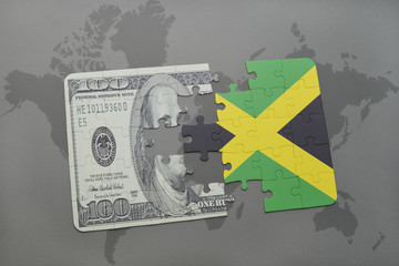 puzzle with the national flag of jamaica and dollar banknote on a world map background.