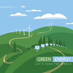 Obraz premium green energy, wind turbines and solar panels on the landscape clouds sky