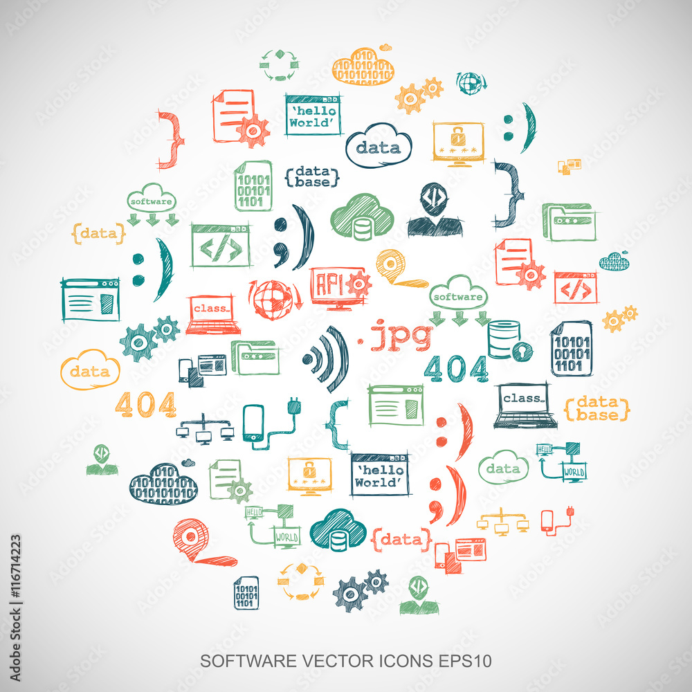 Poster multicolor doodles hand drawn programming icons set on white. eps10 vector illustration.