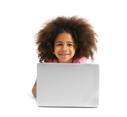Happy African girl with laptop, isolated on white
