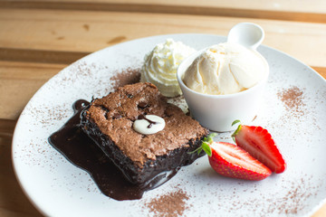 Brownies cake and Ice cream with cartoon concept