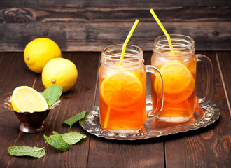 Iced tea with lemon and fresh mint