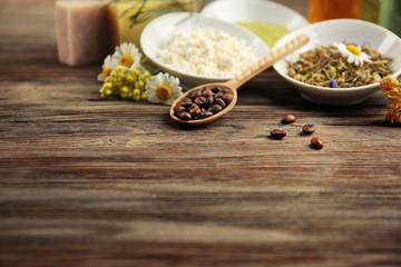 Natural ingredients for skin care on wooden background