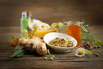 Natural ingredients for skin care on wooden background