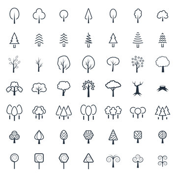 Tree icon set in thin line style. Vector symbols.