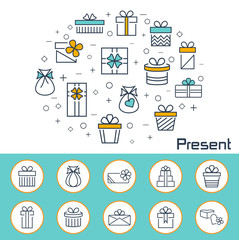 Present banner in flat style. Outline vector icons.