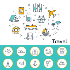 Travel banner in flat style. Outline vector icons.