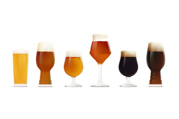 Beer Glasses Set. Different types of beer - Hoppy Lager, IPA, Golden Ale, APA, Stout, DIPA. Craft Beer. Craft Brewery.