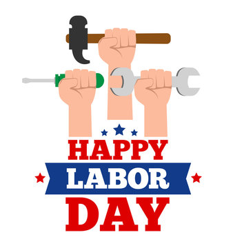 happy labor day concept illustration. human hand with hammer wrench screwdriver