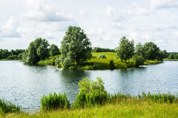 Green island in a lake in summer, Milton Keynes, UK