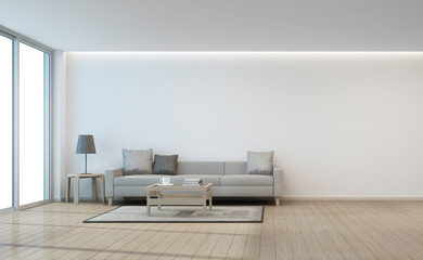 Sofa and coffee table near glass door in white wall living room- 3d rendering